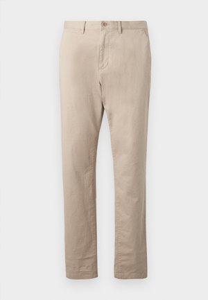 Beige Baumwollhose mit gerader Beinform, mit einem knopfverschlossenen Bund und seitlichen Taschen, glatte Textur.