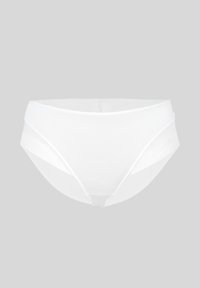 Culotte de bikini blanche sans couture pour femme avec une large ceinture et un tissu lisse sur un fond gris clair.