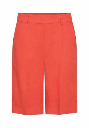 Korallpunased põlveni ulatuvad lühikesed püksid vööaasadega, esiseamade detailide ja siledast kangast.