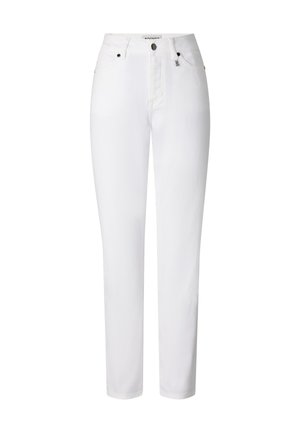 Witte rechte broek met knoop- en ritssluiting aan de voorkant, riemlussen en zijzakken, weergegeven tegen een effen achtergrond.