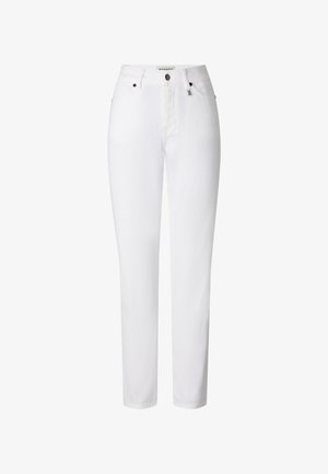 Hvide bukser med lige ben, forlukning med knap og lynlås foran, bæltestropper og sidelommer, vist på en ensfarvet baggrund.