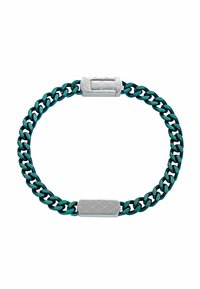 Bracciale con catena metallica caratterizzato da maglie intrecciate color teal con chiusura in argento e due inserti rettangolari. Superficie liscia e finitura lucida.