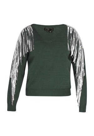 Grüner Pullover mit V-Ausschnitt, der silberne Fransenakzente an den Schultern aufweist. Hergestellt aus weichem Strickmaterial, hat er lange Ärmel und einen taillierten Saum.