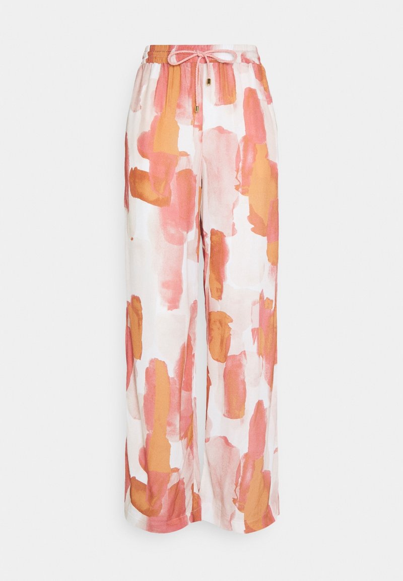 Wijde broeken van lichtgewicht stof. Voorzien van een aquarelpatroon in roze en oranje tinten. Tailleband met trekkoord en gouden accenten.