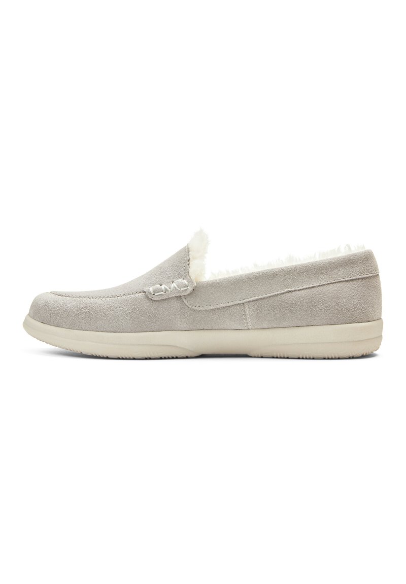 Gray suede slip-on shoe with a soft white faux fur lining, rounded toe, and a textured rubber sole. No visible hardware or embellishments.