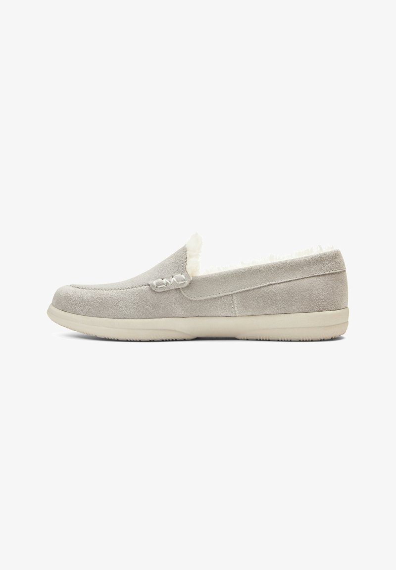 Gray suede slip-on shoe with a soft white faux fur lining, rounded toe, and a textured rubber sole. No visible hardware or embellishments.