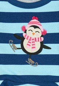 Sininen ja vaaleansininen raidallinen villapaita, jossa on brodeerattu pingviini, joka on pukeutunut vaaleanpunaiseen hattuun ja kaulaliinaan, luistellen hopeisilla luistimilla, joissa on vaaleanpunaisia yksityiskohtia.