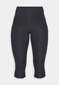 Svarta capri leggings i stretchigt tyg. Hög midja med sidosemmar och avskuren nederkant, slät textur, inga synliga mönster.
