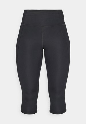 Sorte capri leggings laget av elastisk stoff. Høyt liv-design med sidesømmer og ferdig kant, glatt tekstur, ingen synlige mønstre.