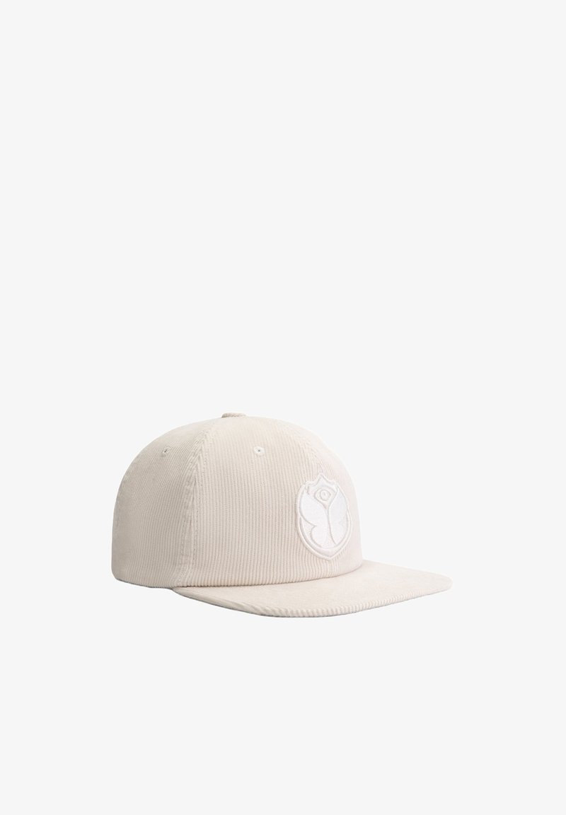 Beige corduroy cap with a flat brim and an embroidered logo on the front. Features five ventilation holes and a textured surface.