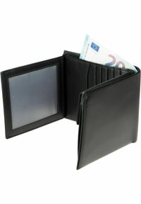 Portefeuille en cuir noir de forme rectangulaire, avec plusieurs fentes pour cartes, un compartiment pour les billets et une fenêtre ID transparente.