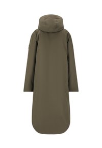 Langer olivgrüner Kapuzenmantel mit langen Ärmeln und abgerundetem Saum, von hinten auf weißem Hintergrund gezeigt.