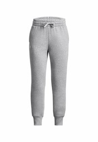 Joggers en mélange de coton gris avec une taille élastique, des détails de cordon de serrage et des poignets fuselés. Texture lisse avec un design minimaliste.