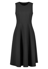 Ärmelloses schwarzes Midikleid mit tailliertem Oberteil und ausgestelltem Rock, das einen runden Ausschnitt und eine glatte Stoffoberfläche aufweist.