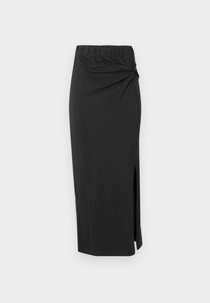 Zwarte, middellange rok van zacht materiaal. Voorzien van een elastische tailleband, een twistdetail bij de heup en een zijsplit. Over het algemeen een soepele textuur.
