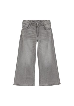 Jeans grigi in denim a gamba larga con bottone e zip frontali, passanti per cintura e tasche anteriori e posteriori, stesi piani su sfondo bianco.