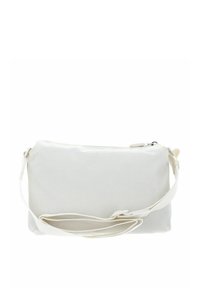 Weiße rechteckige Tasche aus strukturiertem Stoff. Mit Reißverschluss und verstellbarem Riemen. Die Vorderseite ist schlicht ohne weitere Details.