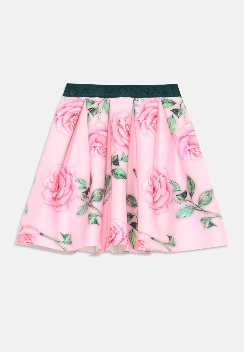 Rosa plissee Short mit floralem Rosendruck; ausgestattet mit einem grünen elastischen Bund mit geprägtem Markenzeichen; glattes, leichtes Material.