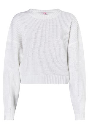 Pull en tricot blanc avec un col rond, un design court, un ourlet côtelé et des manches longues amples. Tissu texturé avec une trame ouverte.