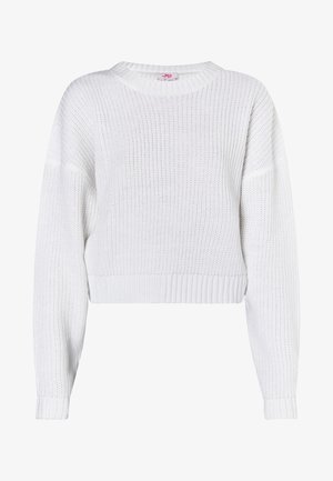 Hvid strikket sweater med rund halsudskæring, cropped design, ribstrikket kant og løse lange ærmer. Tekstureret stof med åbent væv.