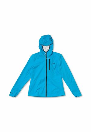 Leichte blaue Jacke aus wasserabweisendem Material mit Kapuze, Reißverschluss vorne und einer Brusttasche mit schwarzem Reißverschluss. Lange Ärmel.