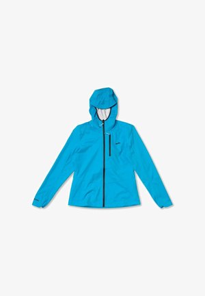 Kerge sinine jope veekindlast materjalist, millel on kapuuts, ees tõmblukk ja rinnatasku musta tõmblukuga. Pikkade varrukatega.