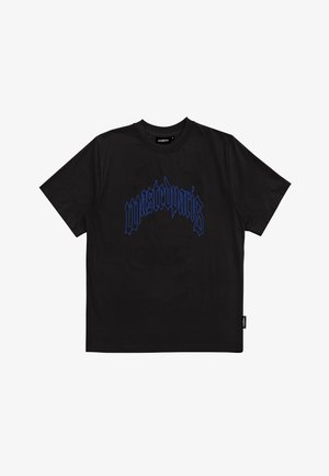 Black short-sleeve t-shirt with blue gothic-style "wastedparis" text printed across the chest and a small side tag with brand name.