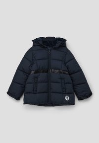 Granatowa kurtka puchowa z kapturem, z zamkiem błyskawicznym, paskiem z cekinami, falbankami na brzegach oraz logo na dolnej lewej stronie.
