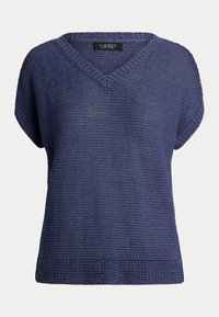 Top de punto azul con escote en V, mangas cortas y patrón texturizado. Presenta un acabado acanalado en el cuello y el dobladillo, hecho de material ligero.