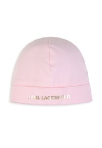 Jasnoróżowa bawełniana czapka typu beanie z podwiniętym mankietem. Na przodzie znajduje się logo w kolorze metalicznego srebra z napisem "KARL LAGERFELD". Miękka w dotyku, dopasowana.