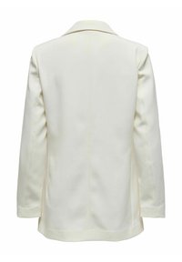 Hvid blazer med spids krave, lange ærmer og en glat tekstur. Har en lige ryg med minimal detaljer og et rent snit.