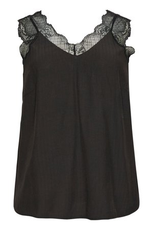 Camisole nera con rifiniture in pizzo, design a scollo a V e spalline sottili. Realizzata in tessuto liscio con una finitura leggermente texturizzata.