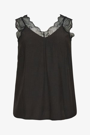 Top negro sin mangas con detalle de encaje, diseño en forma de V y tirantes finos. Confeccionado en una tela suave con un acabado ligeramente texturizado.