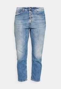 Ljust blå denimjeans med hög midja, femknapps stängning, rak bendesign och subtil blekning över tyget.
