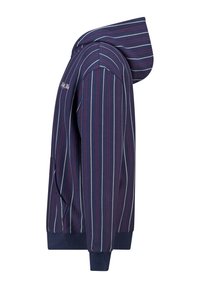 Siniharmaa huppari, jossa on pystysuoria punaisia ja valkoisia raidoja, sisältäen kengurupussin ja ribbireunat. Pehmeä kangas ja rennosti istuva malli.