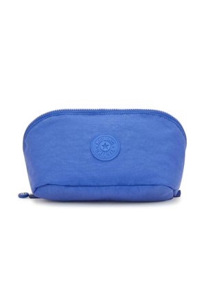 Neceser cosmético azul de forma redondeada, hecho de tela texturizada, con un zipper en la parte superior y un parche circular del logo en la parte delantera.