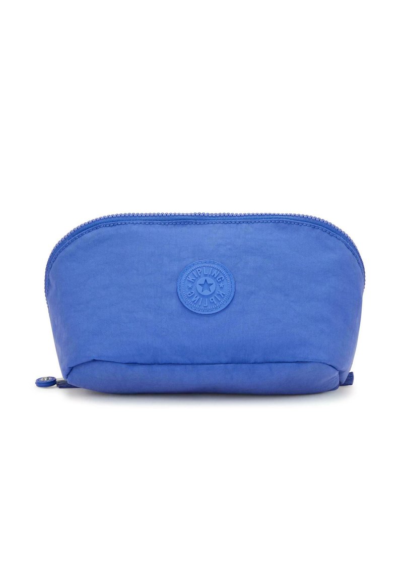 Pochette cosmetica blu di forma arrotondata, realizzata in tessuto testurizzato, con zip superiore e un'etichetta a logo circolare sul davanti.
