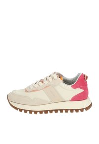Sneakers med en ovandel i krämfärgad läder, persikofärgade mockadetaljer och en rosa häl. Strukturerad gummisula med en kraftig mönsterdesign.