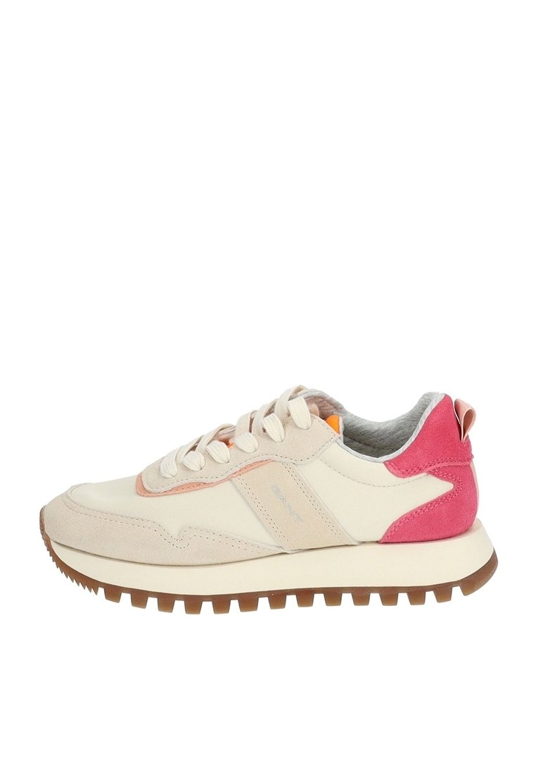 Sneakers med en ovandel i krämfärgad läder, persikofärgade mockadetaljer och en rosa häl. Strukturerad gummisula med en kraftig mönsterdesign.