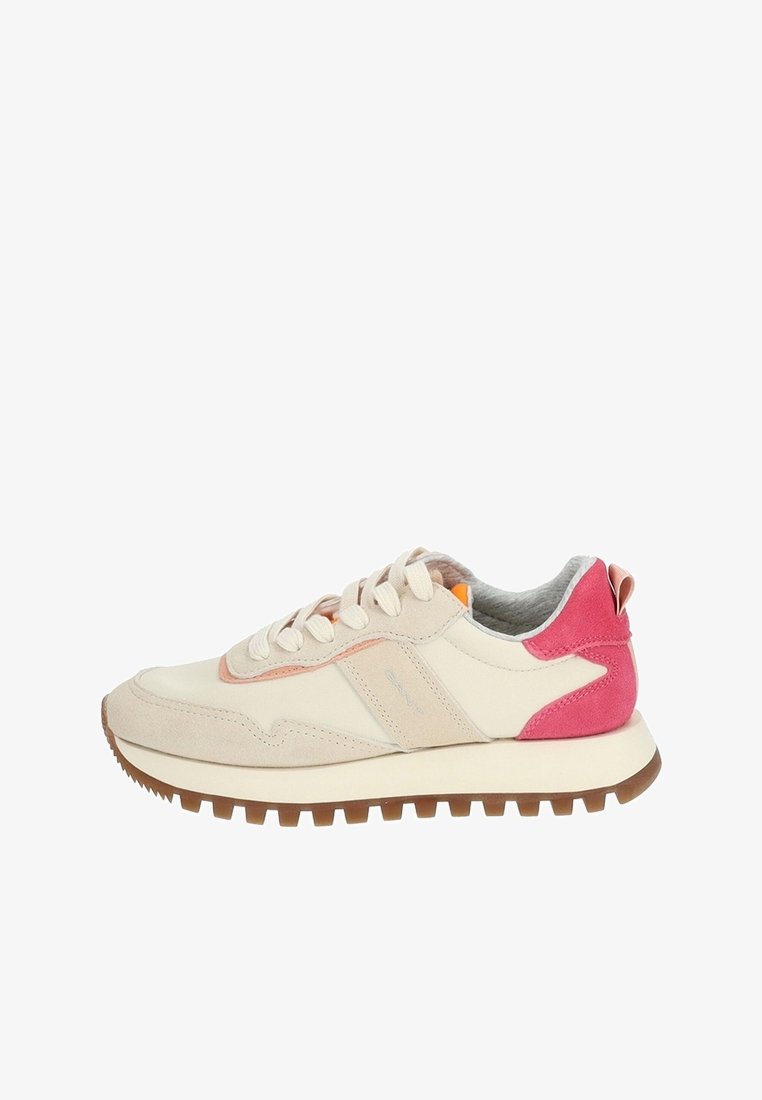Sneakers med en ovandel i krämfärgad läder, persikofärgade mockadetaljer och en rosa häl. Strukturerad gummisula med en kraftig mönsterdesign.