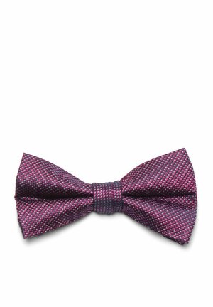 Gewebte Fliege in tiefem Lila mit einem strukturierten Muster und helleren rosa Punkten, ausgestattet mit einem glatten, passenden Mittelband.