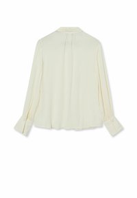 Cremfarbige Bluse mit langen Ärmeln, gefälteltem Rücken, geknöpften Manschetten und Kragen. Glatte Textur und leichtes Material.