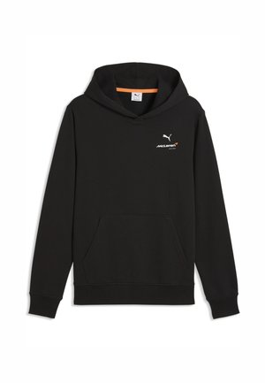 Czarna bluza z kapturem i długimi rękawami, z kieszenią z przodu, logotypami McLaren Racing i Puma na lewej piersi oraz pomarańczowymi lamówkami wewnątrz kaptura.