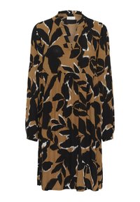 Langärmliges Kleid in Braun mit schwarz-weißen Blumenmustern, ausgestattet mit einem rüschierten Ausschnitt und einem lässigen Schnitt. Leichter, strukturierter Stoff.