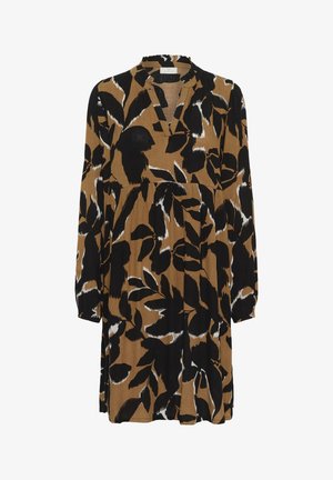 Brūns garenoduelis kleita ar melnbaltiem ziedu rakstiem, ar viļņainu dekoltē un brīvu piegriezumu. Viegls, teksturēts audums.