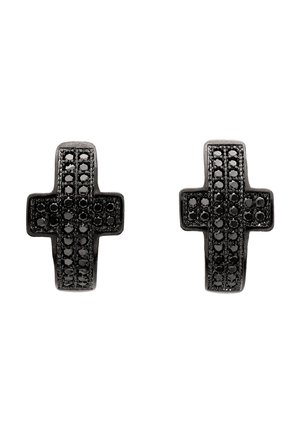 Par sorte korsformede øreringe med lodrette rækker af små sorte sten på hvid baggrund.