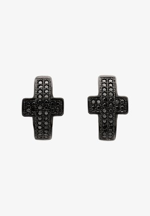 Pereche de cercei negri în formă de cruce, cu rânduri verticale de pietre negre mici pe un fundal alb.