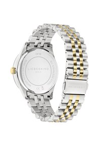 Montre en acier inoxydable avec un bracelet bicolore argent et or, boîtier circulaire et un dos texturé portant le nom de la marque et les spécifications.