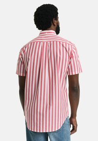 Korte mouwen shirt met verticale rode en witte strepen, een klassieke kraag en een plooidetail op de rug, gemaakt van lichtgewicht stof.