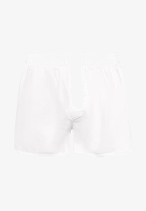 Witte katoenen boxershorts met een elastische tailleband en een knoopsluiting aan de voorkant. De stof lijkt glad en lichtgewicht te zijn.